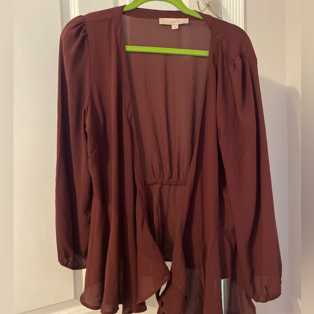Maroon long sleeve wrap blouse - LOFT
